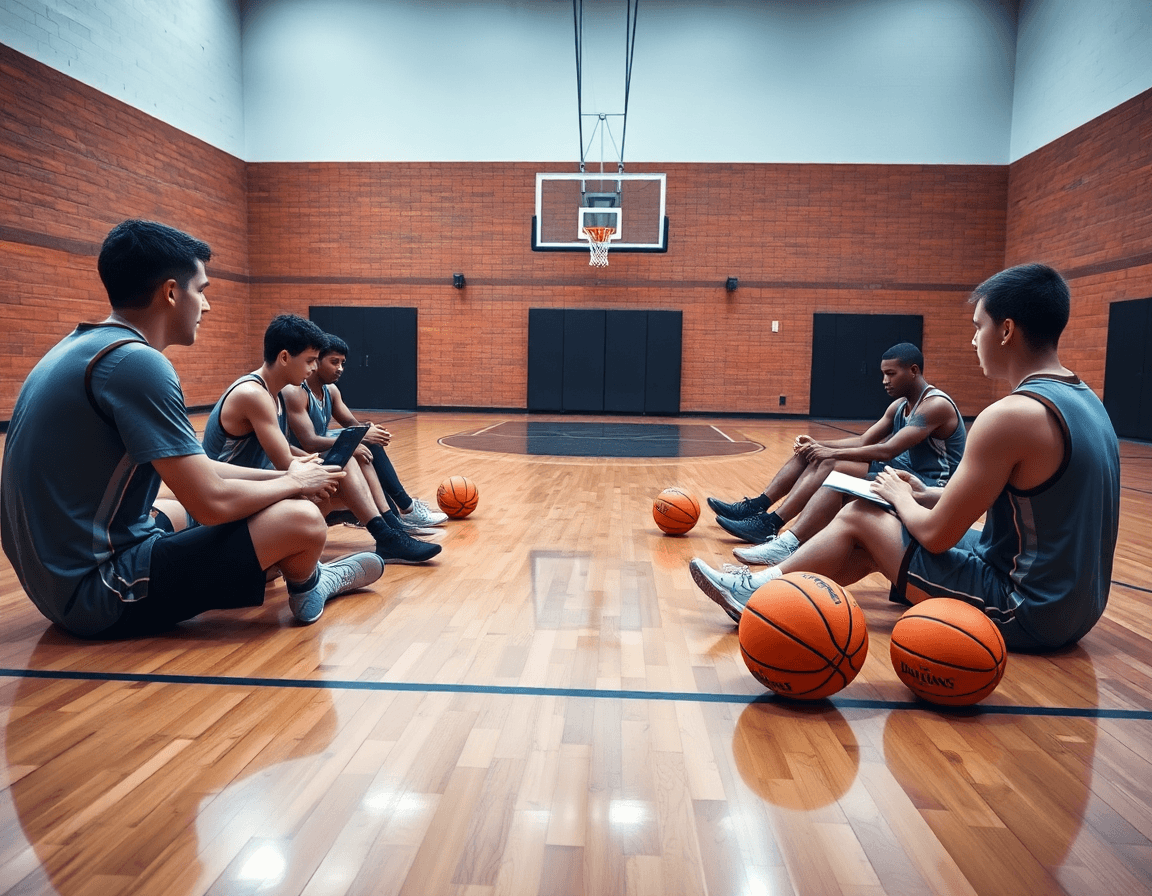 Exercice de tir basket U17: scouting montre clips et notes sur un tableau, joueurs écoutent.