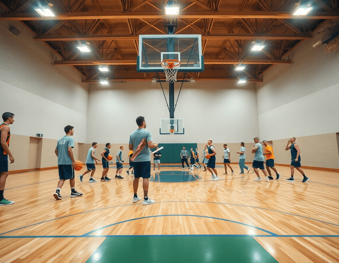 Exercice de tir basket U17 en séance d'entraînement dans un gymnase, coach et joueurs.