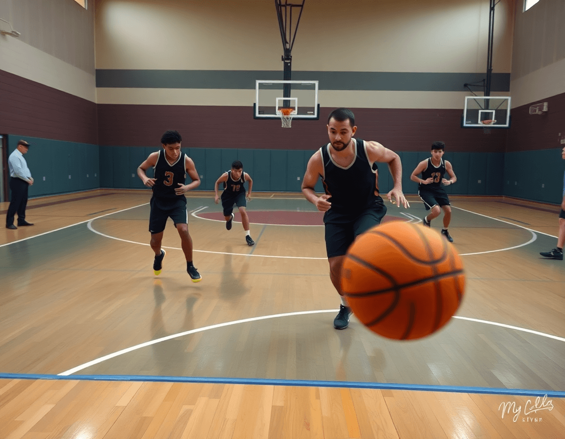 Plan dynamique: sur le court intérieur de basketball, des dribbles et coupes vers le tir.