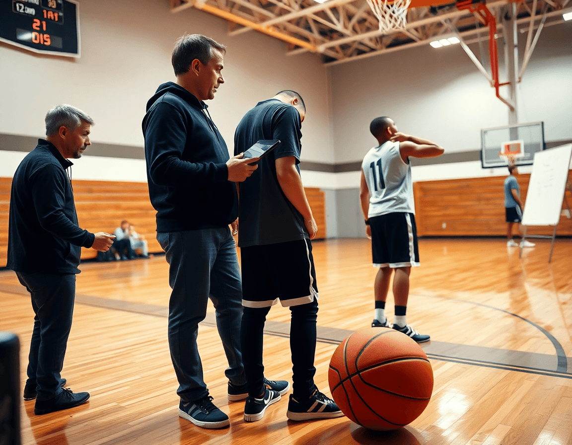 Équipe observe les vidéos et notes de scouting pour le tir en course, contexte basketball complet.