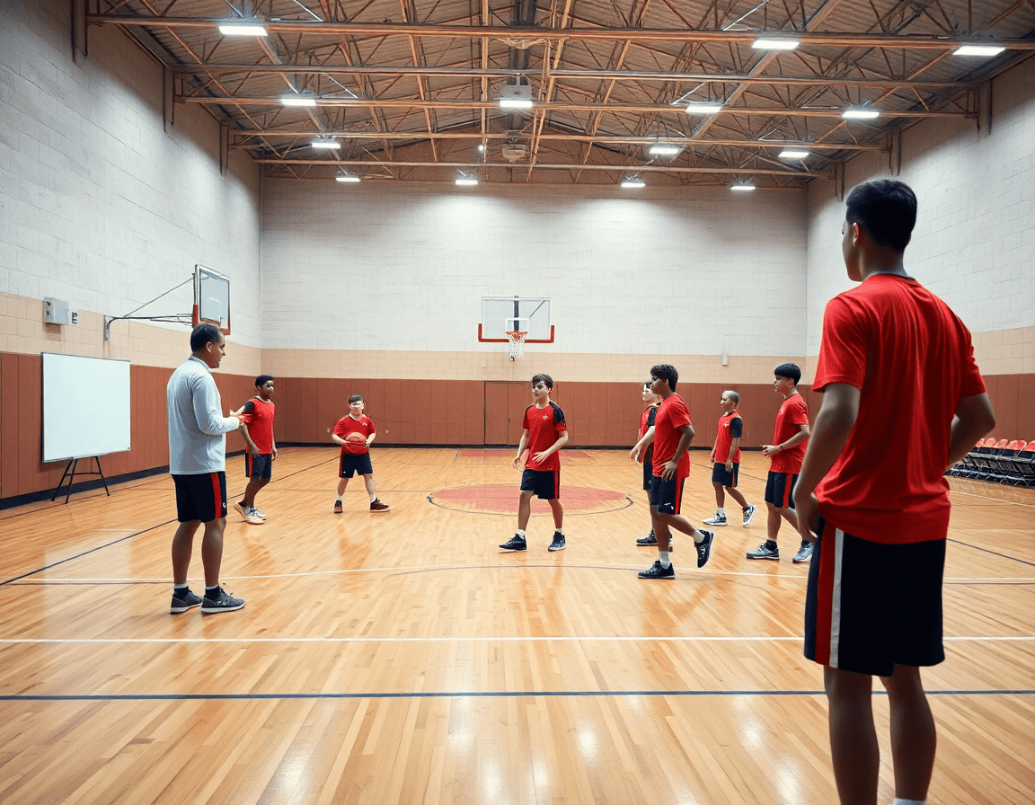 Vue large d'un gymnase de basketball montrant l'exercice tir en course basket u11 en action, coach et jeunes.