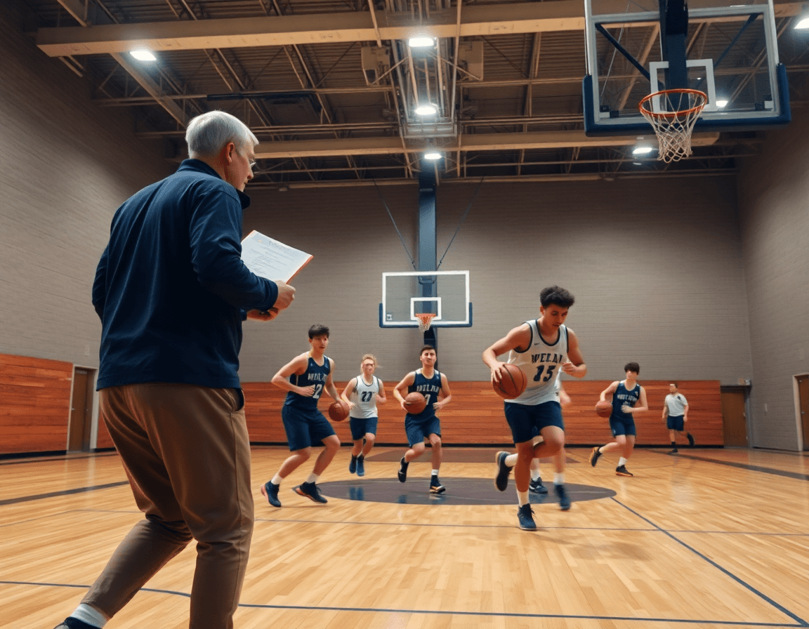 Plan rapproché sur une séquence de dribble rapide sur le terrain en bois, coach observant les ballons orange.
