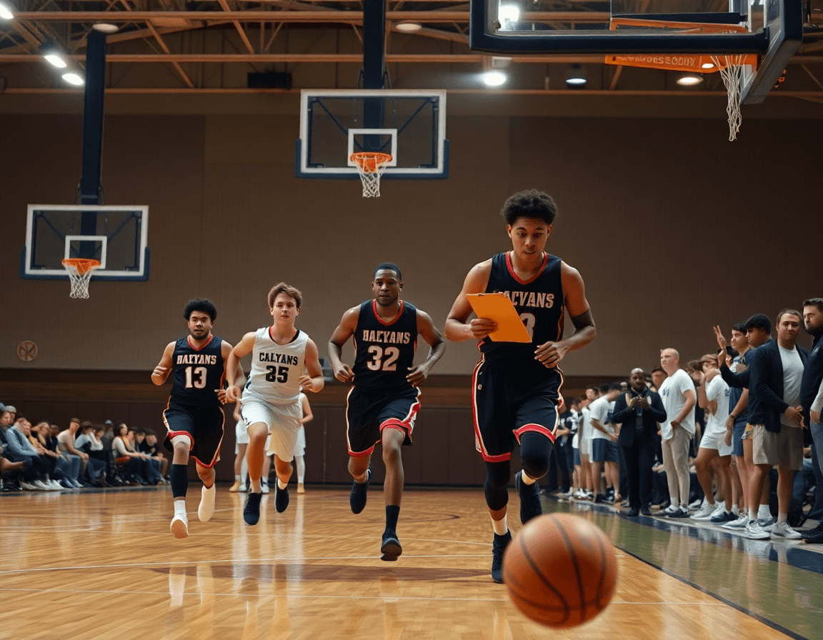 Plan moyen sur deux joueurs sprintant vers le panier pendant qu'un coéquipier passe le basketball; l'entraîneur crie des consignes.