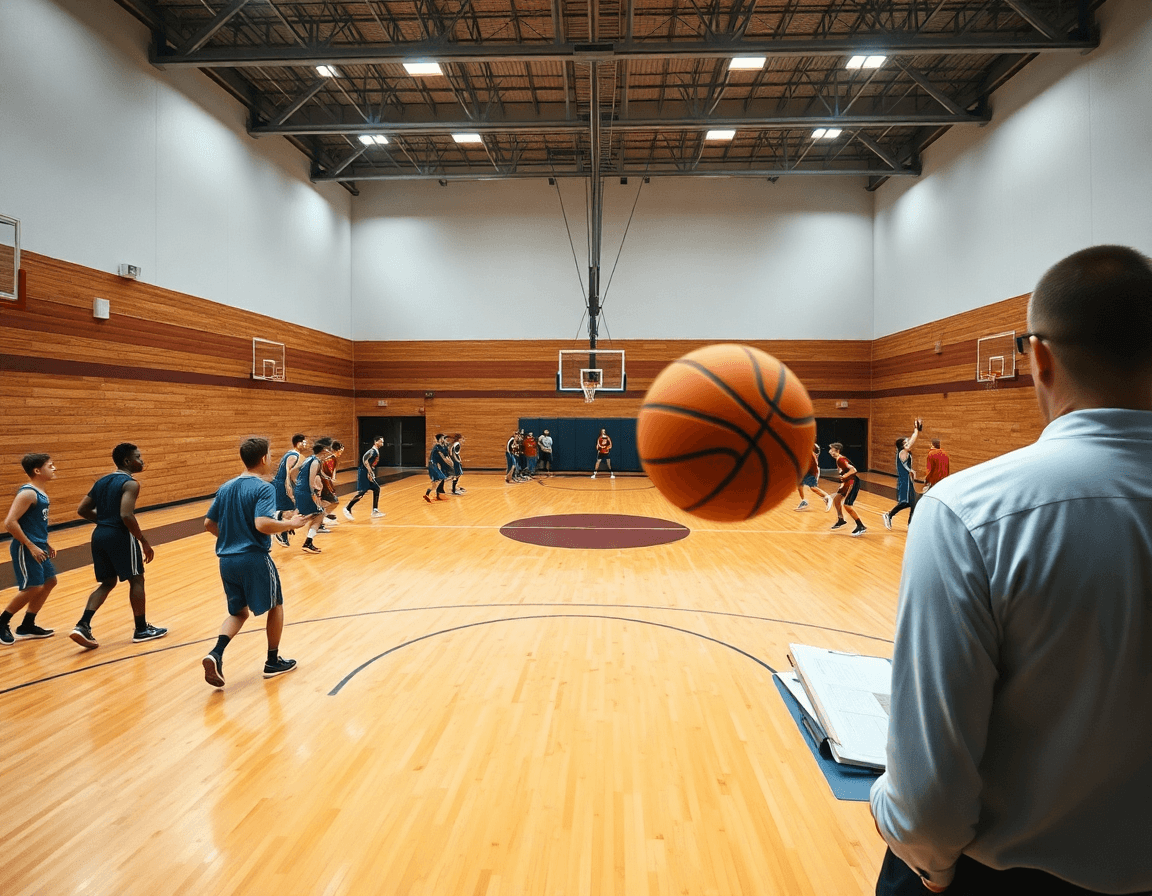 Plan large sur un exercice de tir en course sur terrain de basket, joueurs alignés et coach guidant.