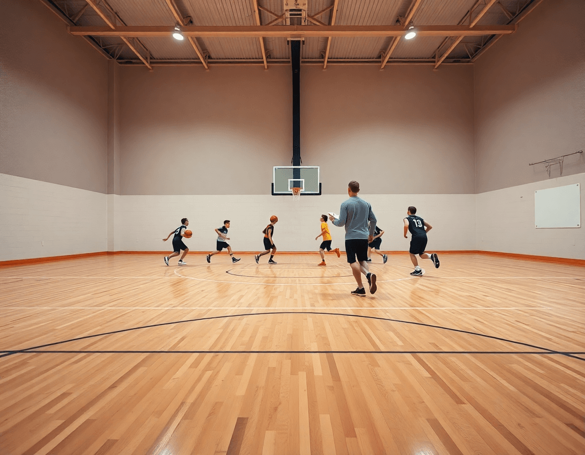Vue générale d'un gymnase de basket-ball éclairé montrant un exercice tir en course basket U13 avec un coach.