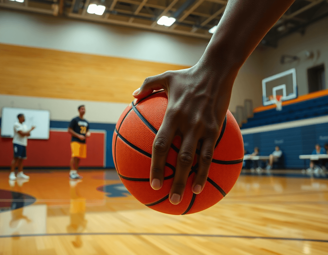 Plan rapproché sur les mains tenant un ballon de basket lors d'un exercice basket débutant.