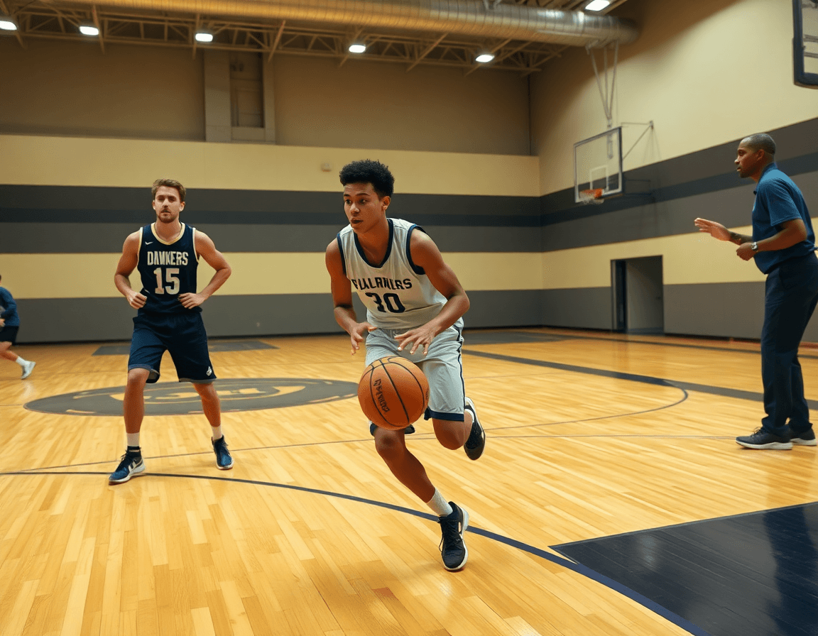 Plan moyen sur un dribble durant un exercice basket débutant, coach guidant les joueurs et montrant la passe.