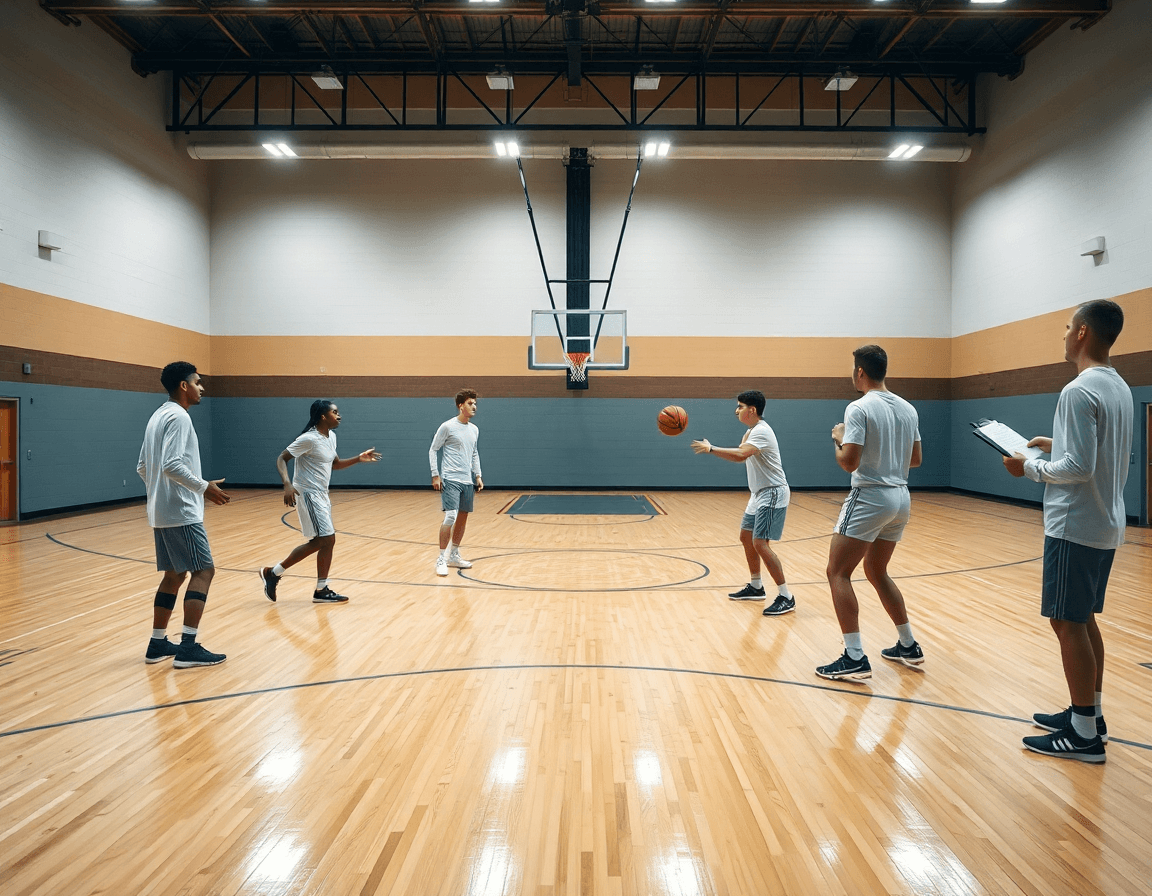 Vue de groupe en exercice basket débutant sur le terrain, les joueurs alignent les passes.