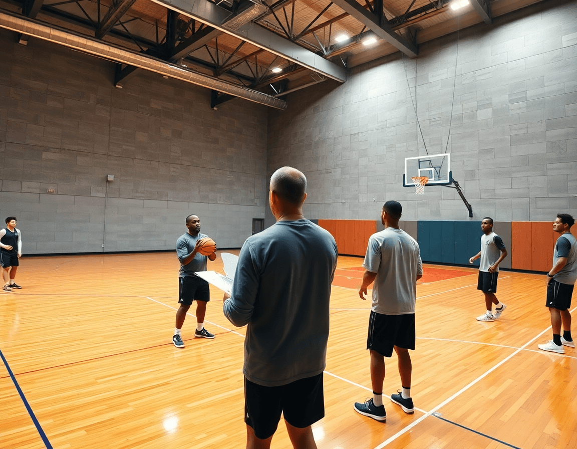 Grande scène d'un exercice basket débutant dans un gymnase, coach dirige passes et tirs.