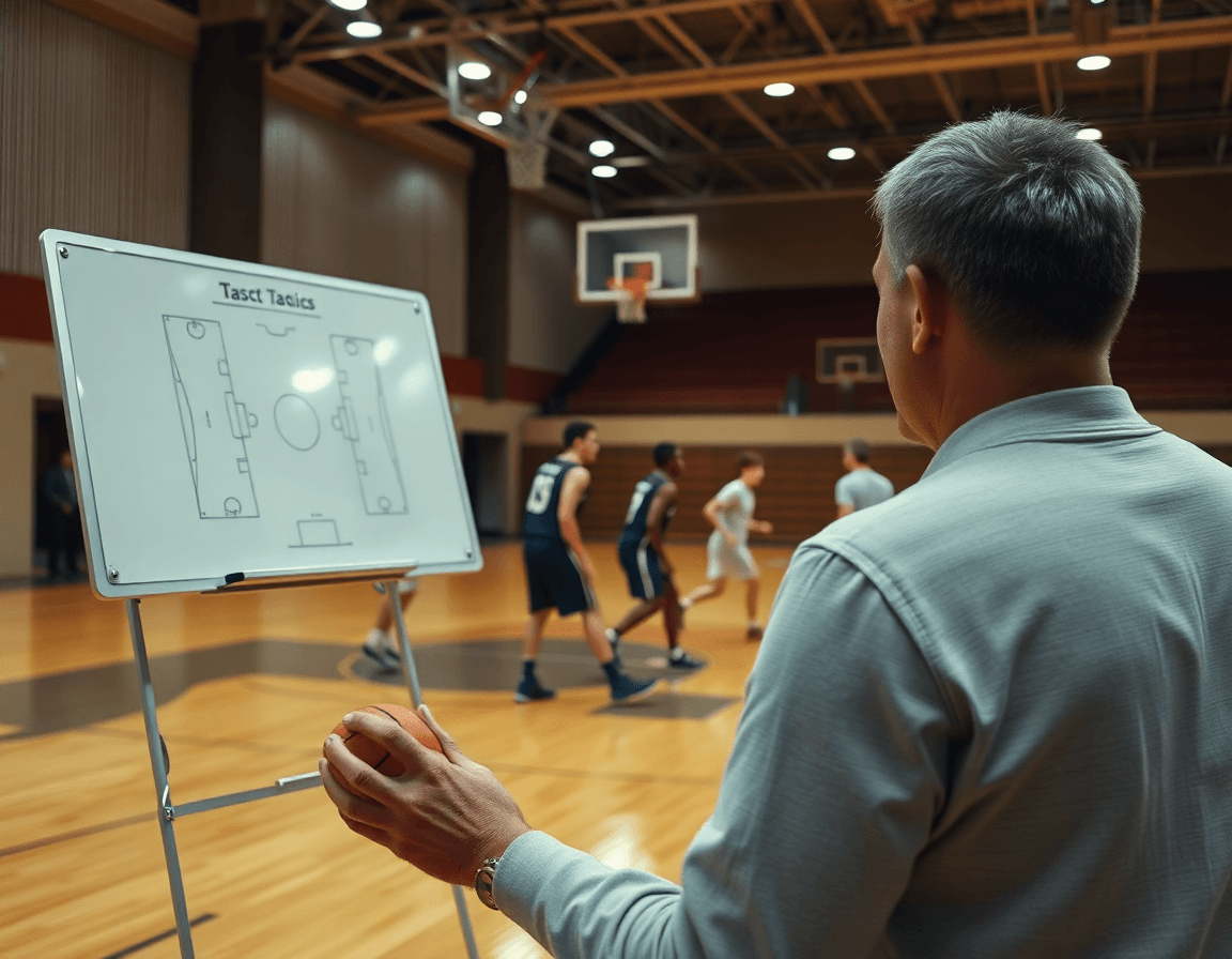 Plan rapproché d'un coach dessinant une action de basketball sur un tableau, exercices basket minimes.