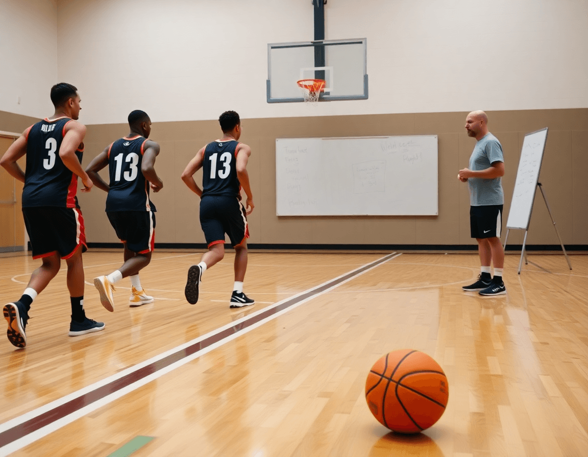 Cinq joueurs exécutent un basketball drill sur parquet, coach consulte les étapes du plan, exercices basket minimes.