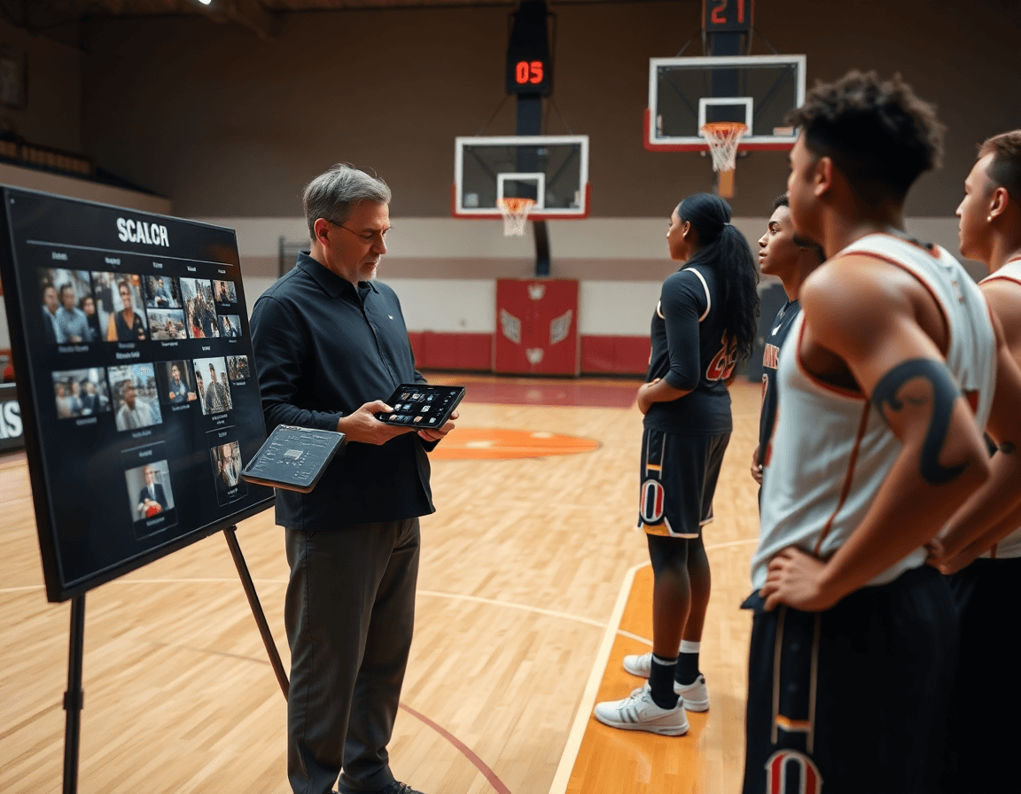 Le coach passe en revue des clips de basketball sur une tablette pendant le scouting, exercices basket minimes.