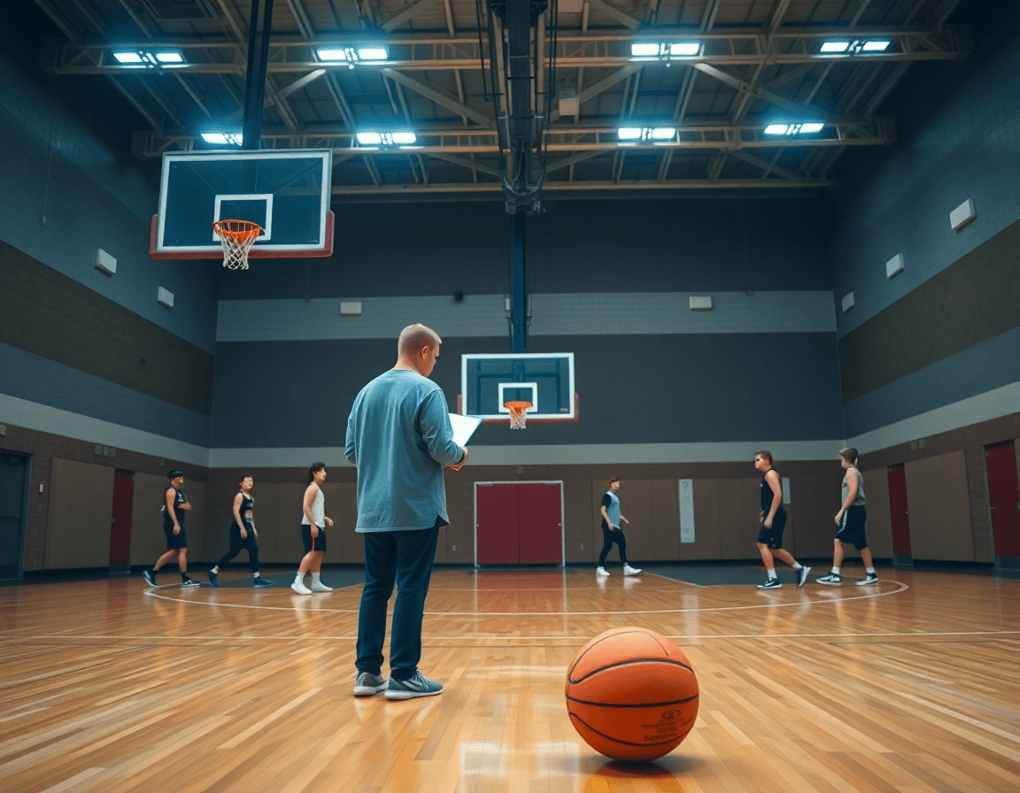 Vue panoramique d'un gymnase de basketball montrant exercices basket minimes en séance, coach et joueurs concentrés.
