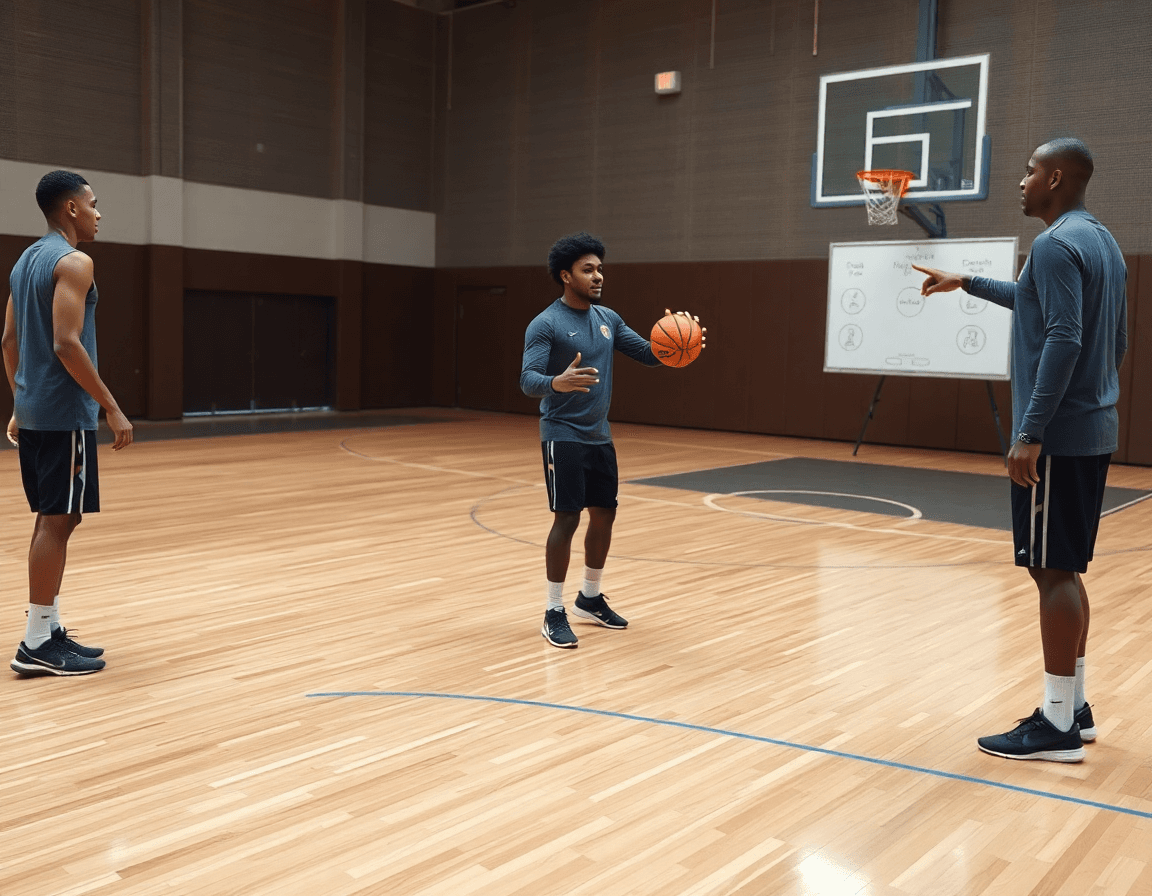 Premier plan sur des exercices basket: trois joueurs passent l'orange basket sous le regard du coach.