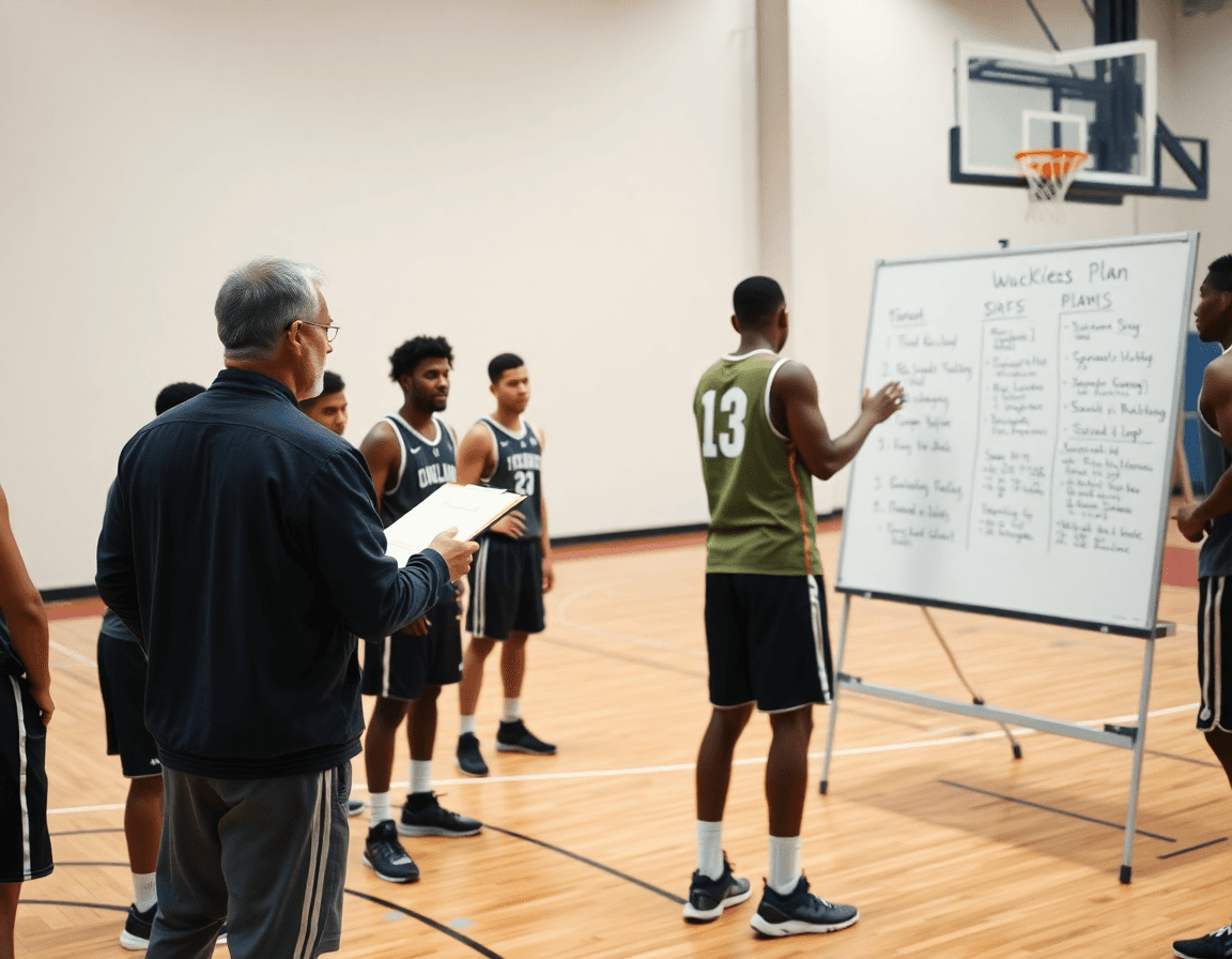 Plan moyen des exercices basket: coach avec clipboard et joueurs déployant le plan hebdomadaire.