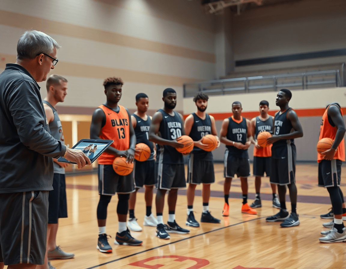 Plan gros plan sur exercices basket et clips vidéo pour joueurs sur le bord du terrain.