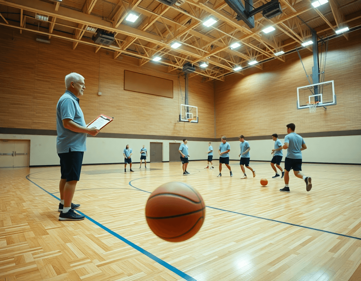 Vue panoramique d'exercices basket dans un gymnase, coach guidant une équipe sur le terrain.