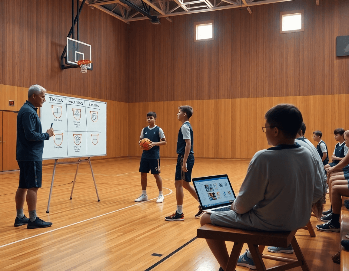 Vue d’ensemble de l'exercice basket u11 pdf sur le terrain, coach et joueurs en mouvement.