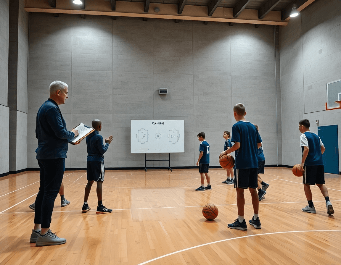 Plan d’ensemble montrant l'exercice basket u11 pdf sur le terrain, coach et joueurs en action.