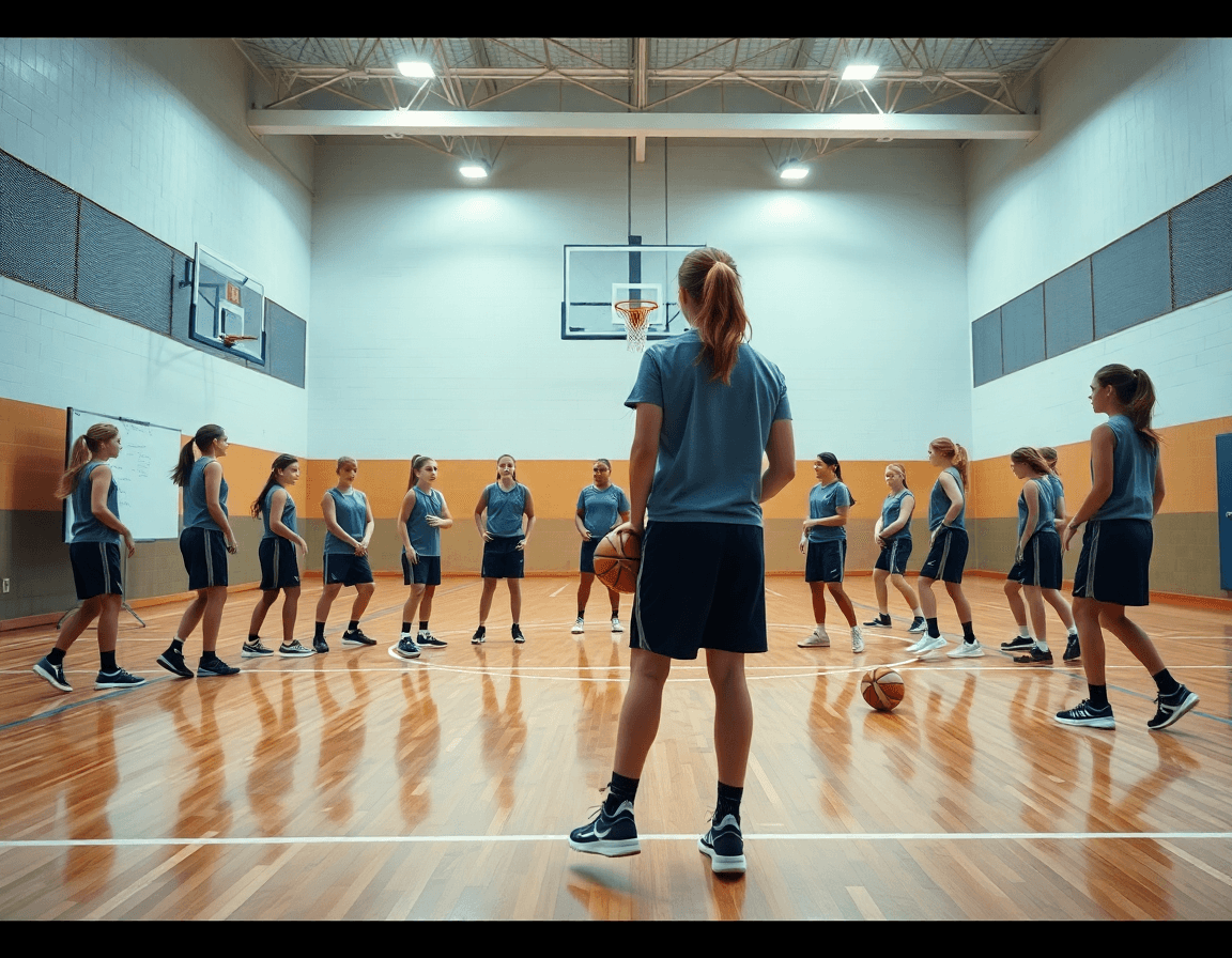 Vue panoramique d'exercices basket u13 filles pendant une séance d'entraînement complète en gymnase.
