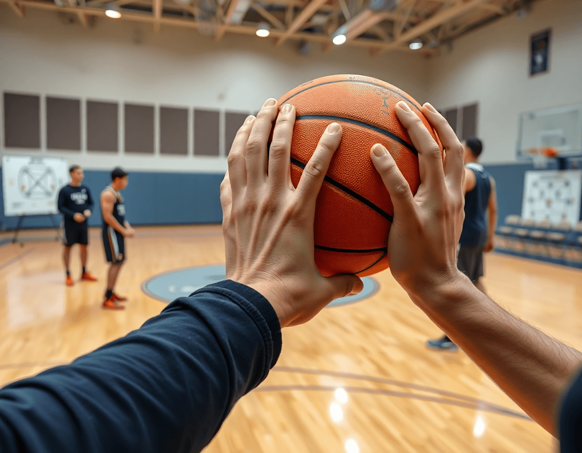 Plan rapproché sur l'exercice basket u15 pdf, doigts sur le ballon et le tableau.