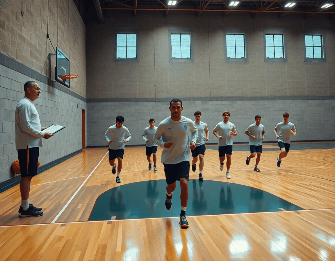 Vue héroïque d'un exercice basket u15 pdf sur un court intérieur, entraîneur et joueurs concentrés.