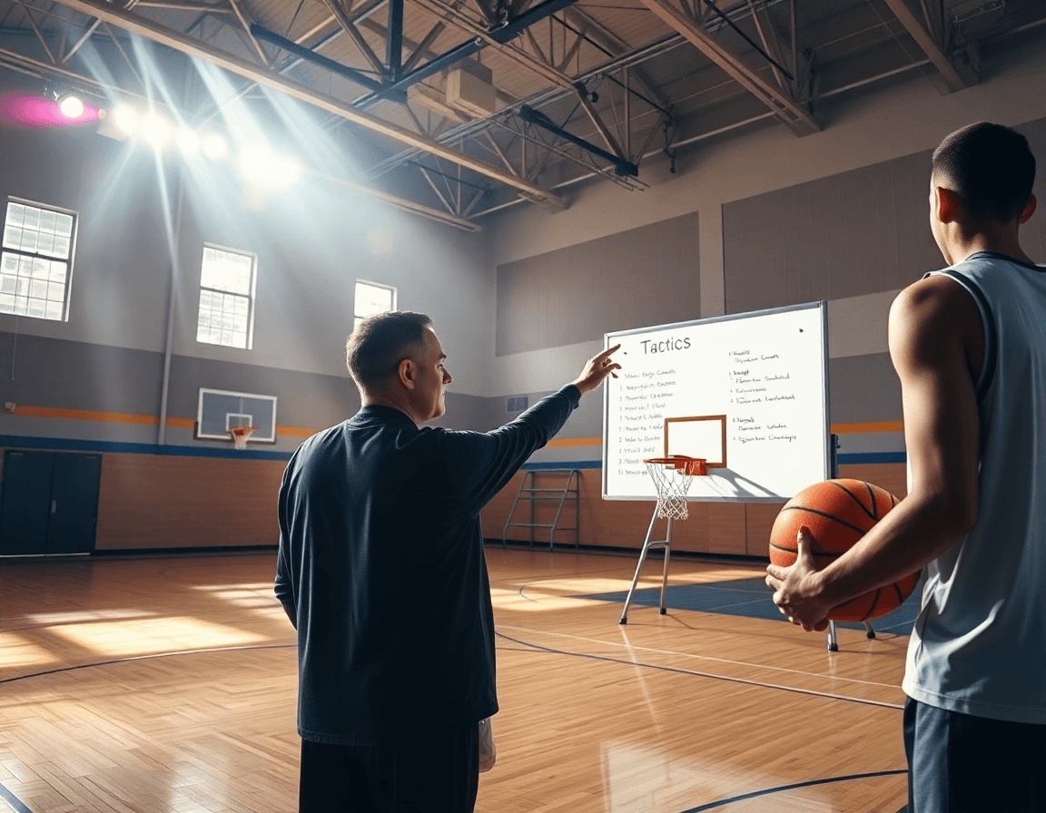 Plan serré montrant le coach et le joueur choisissant les exercices basketball sur le terrain.