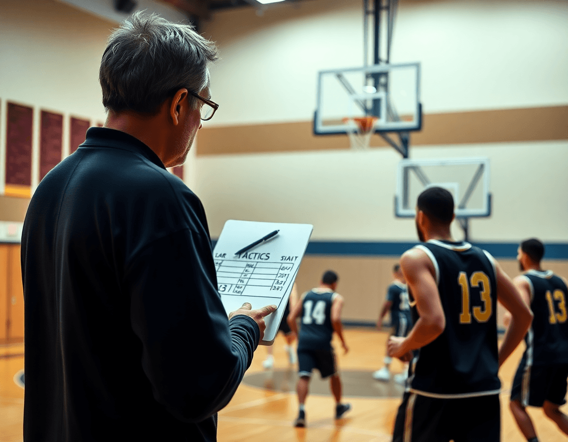 Plan rapproché montrant le coach expliquant la séquence d'un entraînement de basketball sur le tableau.
