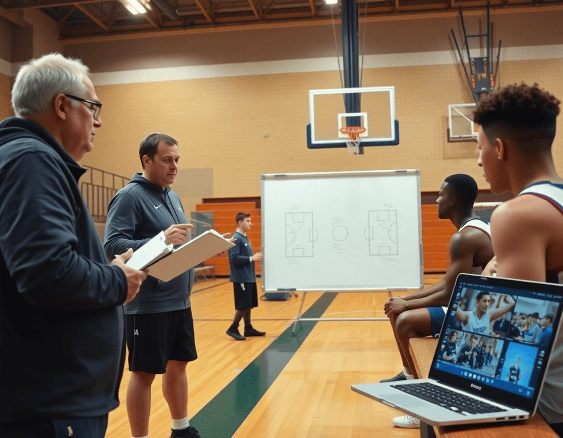Plan serré montrant le coach pointant vers le tableau, joueurs étudiant un basketball play sur le tableau.