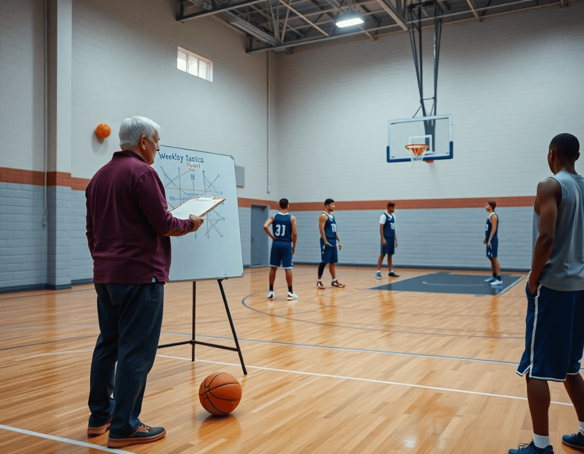 Vue panoramique d'un gym de basketball montrant coach et joueurs préparant les exercices basketball.