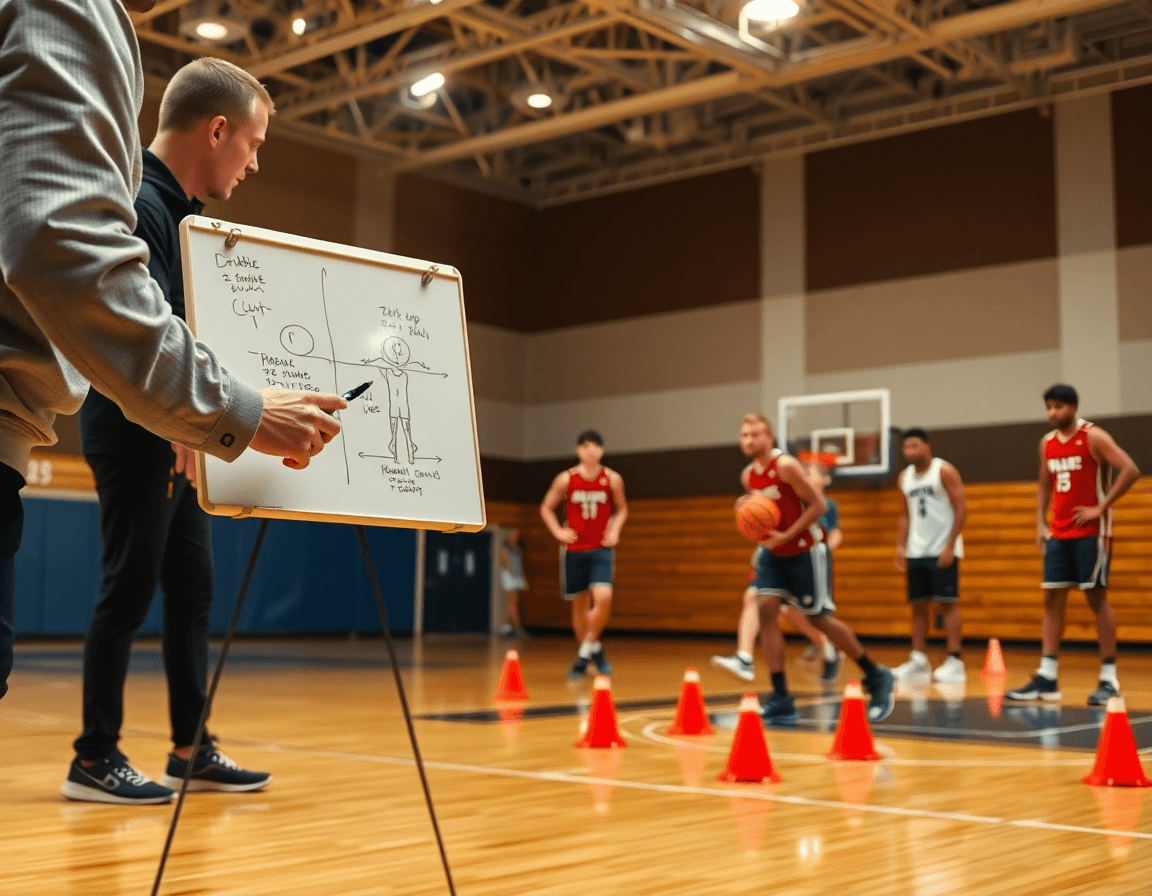 Plan serré sur exercices dribble basket: le coach montre le schéma pendant que les joueurs dribblent.