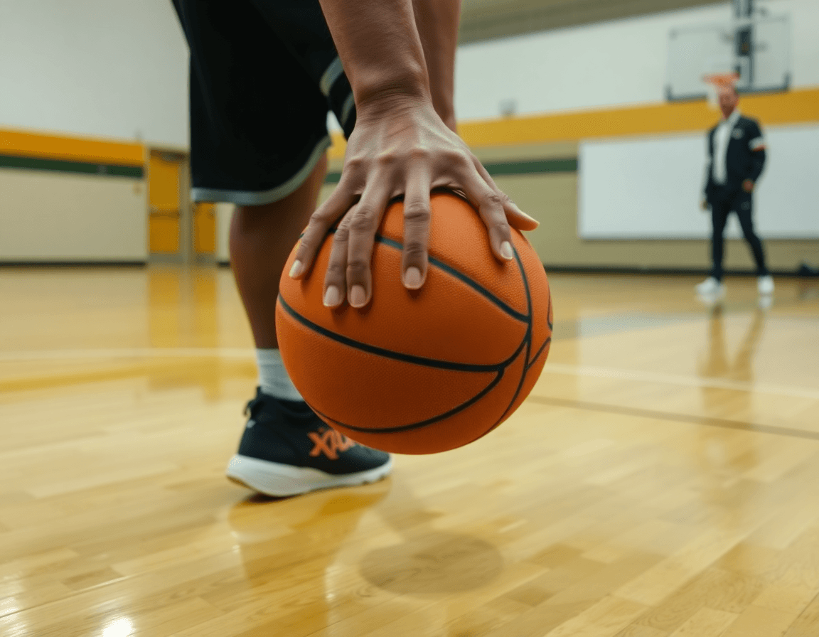 Plan rapproché sur exercices dribble basket: le coach corrige les gestes et montre les détails.