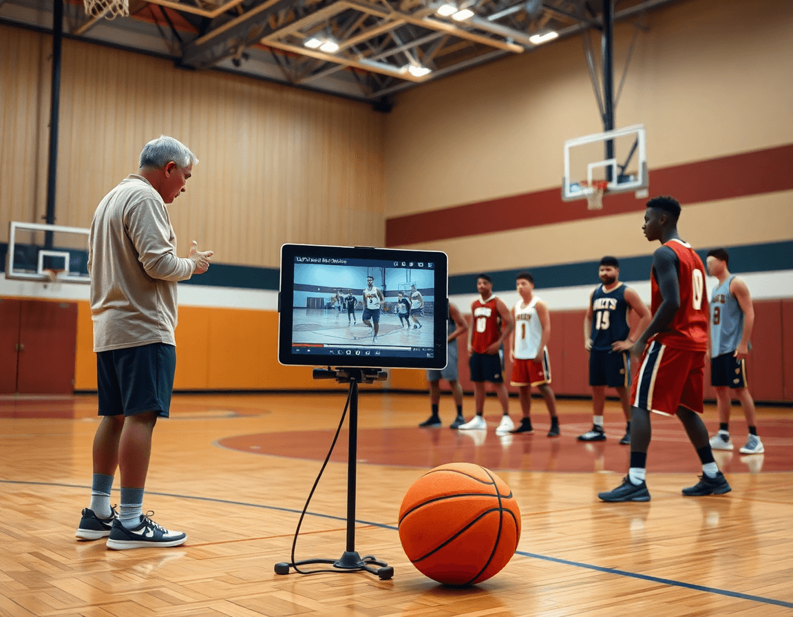 Plan rapproché sur exercices dribble basket: coach explique les clips vidéo et organise la progression.