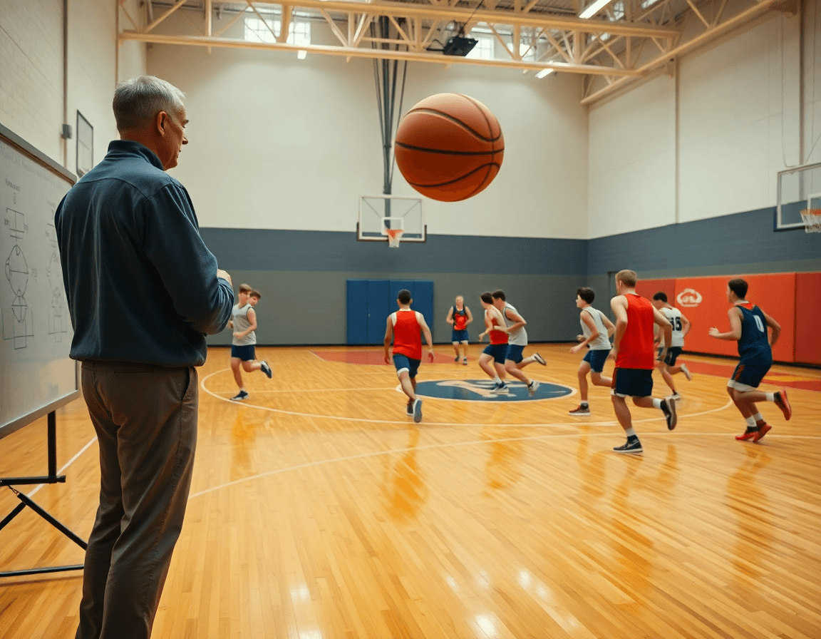 Plan épique d'une séance de exercices dribble basket dans un gymnase, coach et joueurs en action.