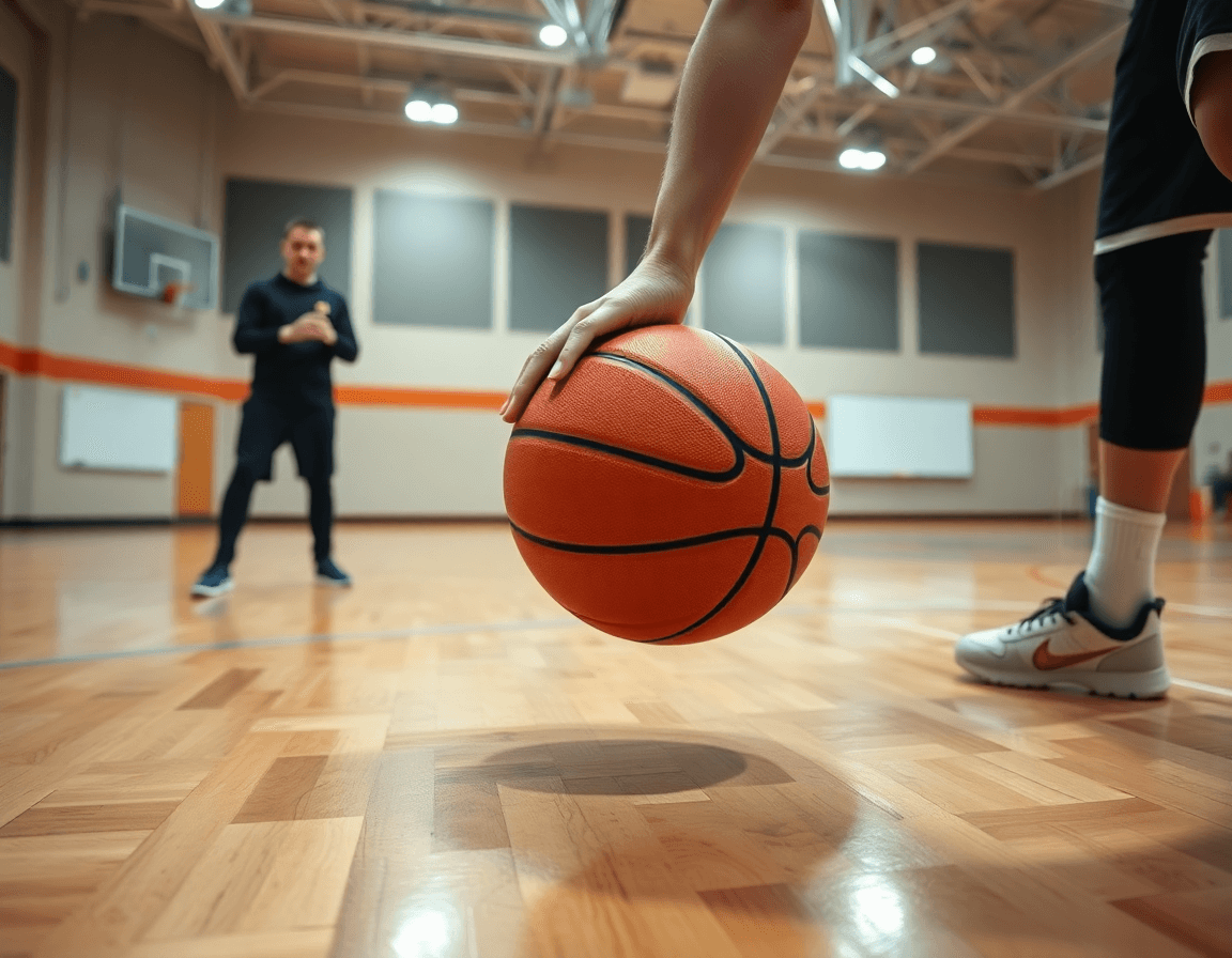 Exercice dribble basket enfant: gros plan sur les mains et le ballon sur le sol.