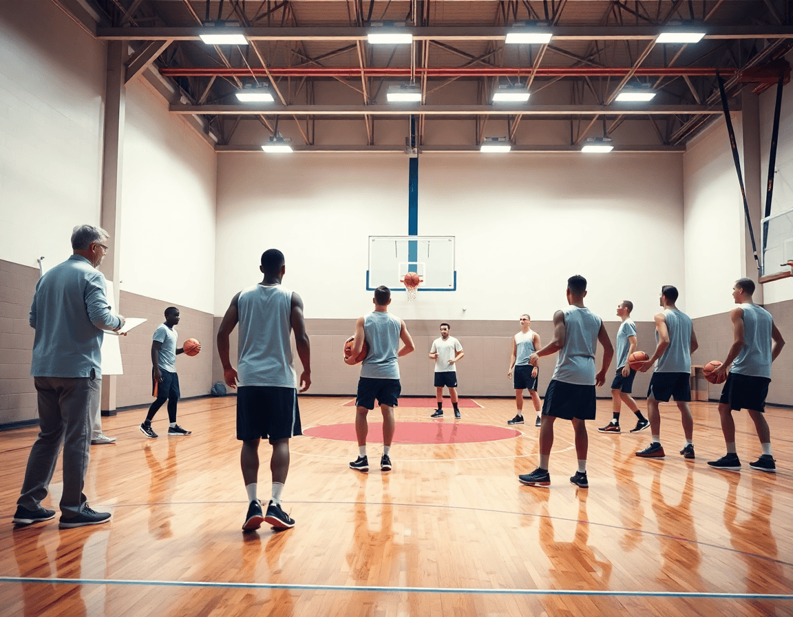 Exercice dribble basket enfant: vue large d'un gymnase de basket avec coach et jeunes.