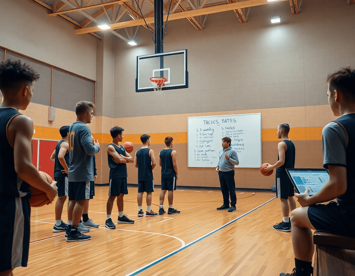 Exercice entrainement basket u15: planification hebdo vue par le coach et les joueurs près du tableau.