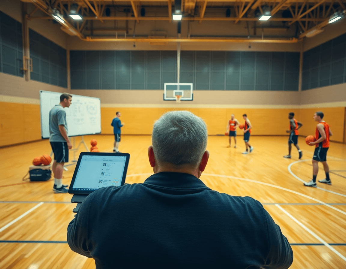Exercice entrainement basket u15: un coach montre un tableau tactique à l'équipe dans le gymnase.