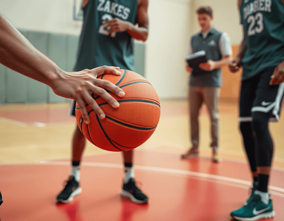 Gros plan sur les mains et le basket orange pendant des exercices entrainement basket u15 sur le terrain.