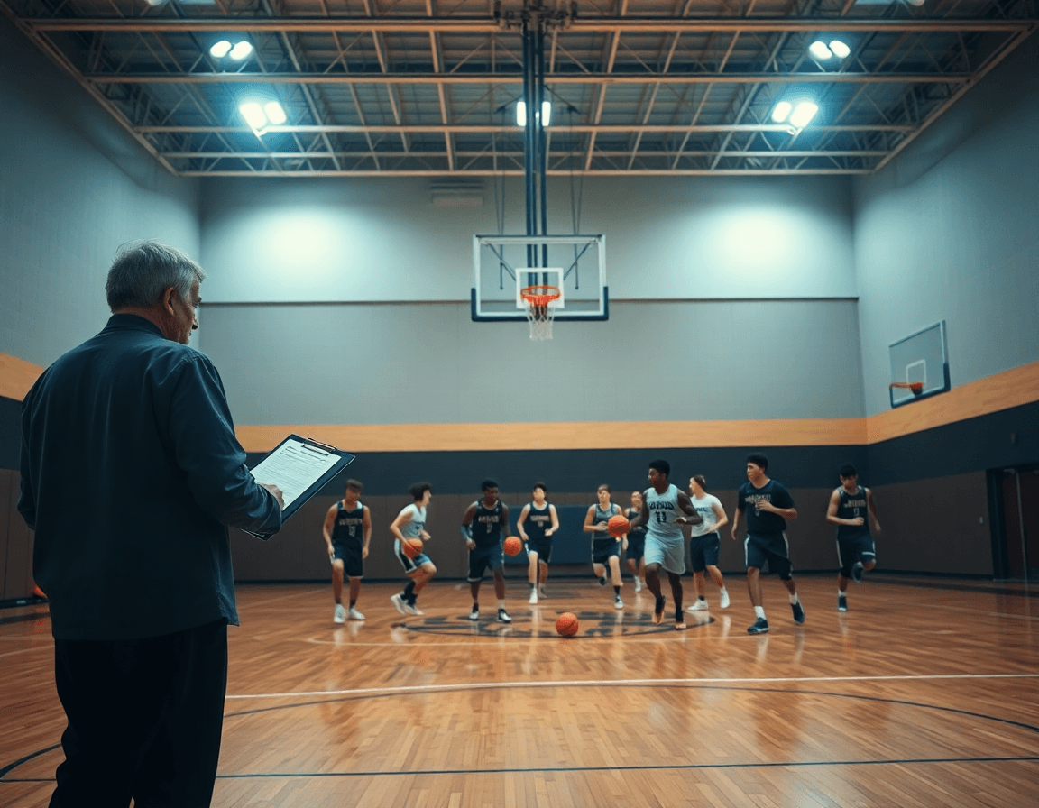 Vue large de l'entraînement basket u15 dans une salle, coach dirige des exercices entrainement basket u15.