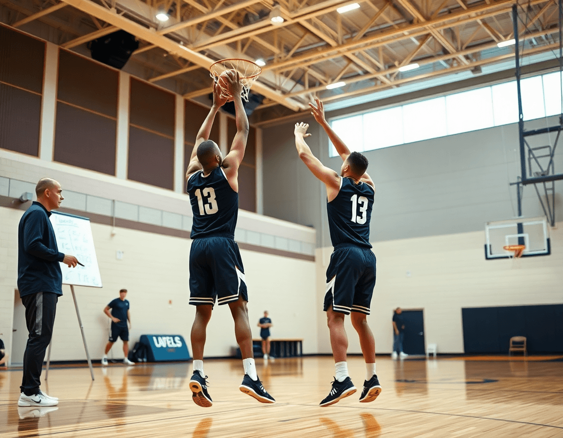Exécution du flex basket sur le terrain; le coach dirige les joueurs près du tableau tactique.