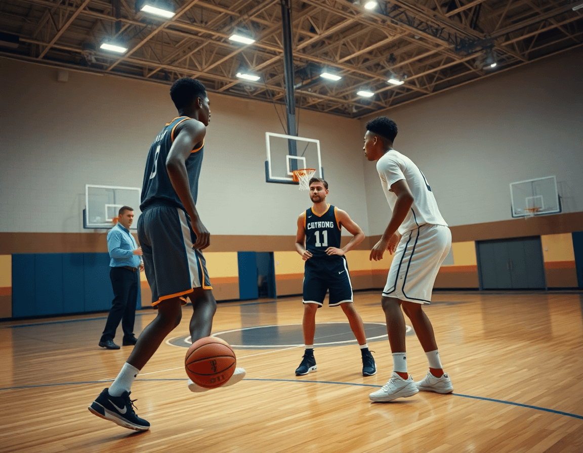 Plan serré sur deux joueurs exécutant le flex basket près de l'arc, sous les lumières.