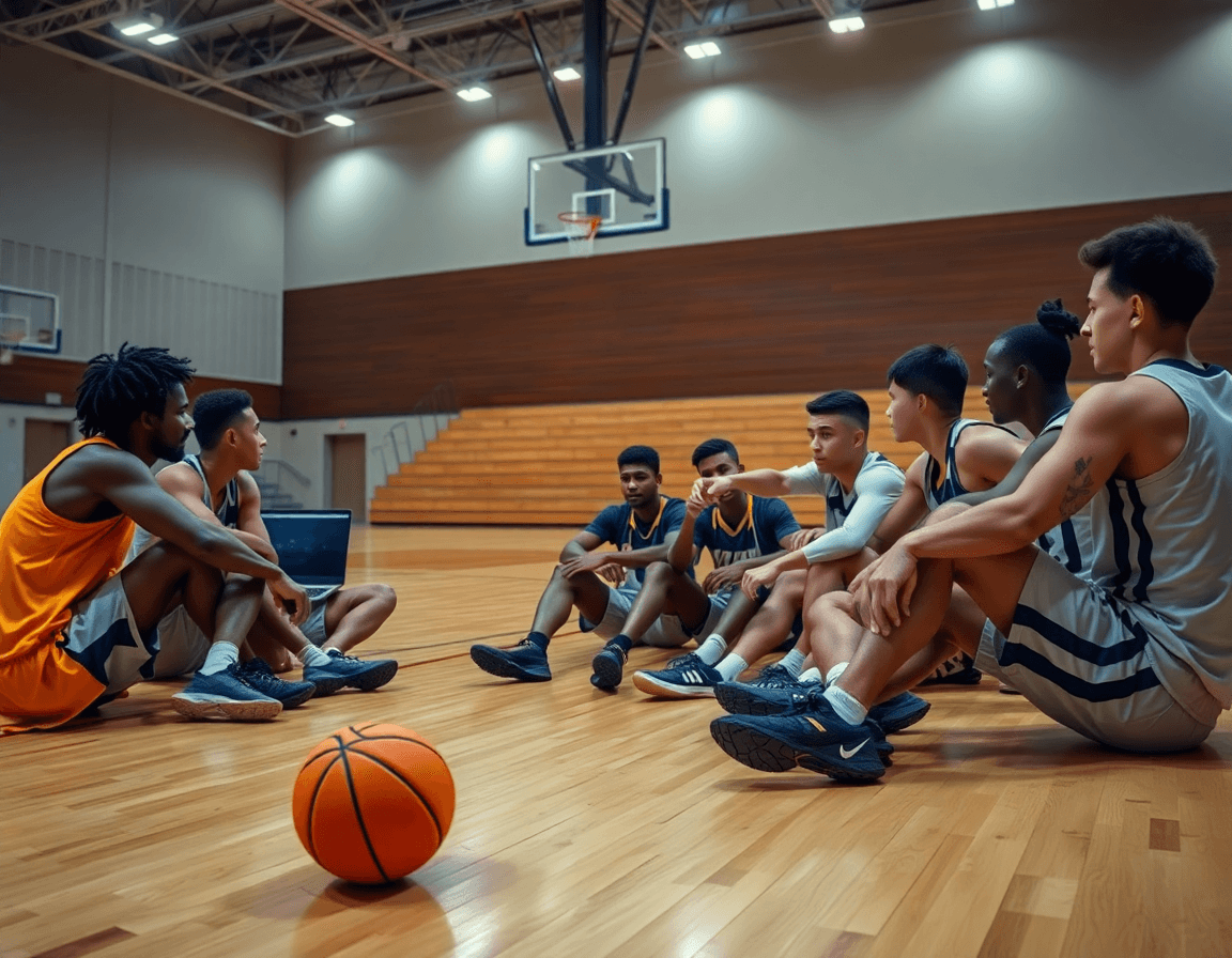 Regard sur la séance vidéo: joueurs regardent le flex basket sur un ordinateur près du terrain.