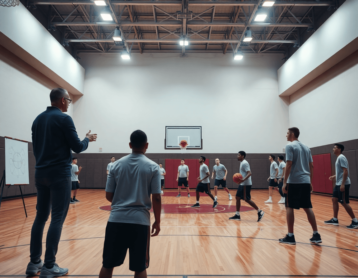 Vue panoramique du gymnase pendant l'entraînement de basketball, le coach dirige le flex basket.