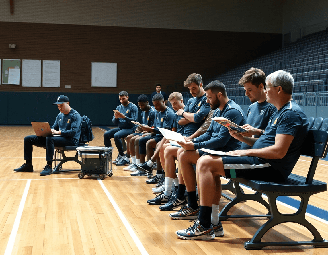 Planification digitale de la semaine formation entraineur basket: coach montre le planning sur laptop