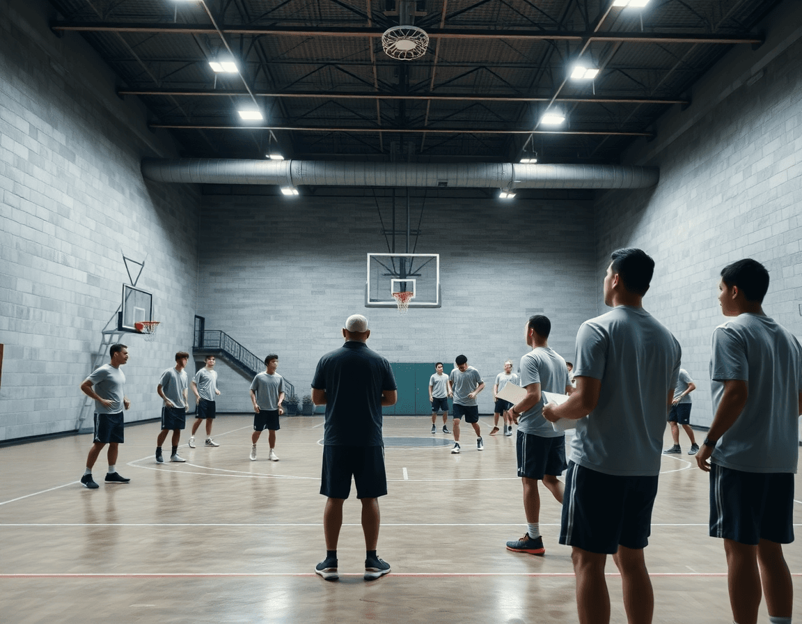 Vue large d'un gym intérieur en béton, l'équipe progresse pendant la formation entraineur basket