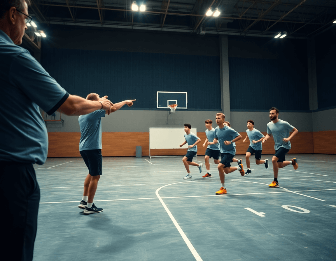 Gros plan sur le joueur basket en action, et le coach guidant le drill.