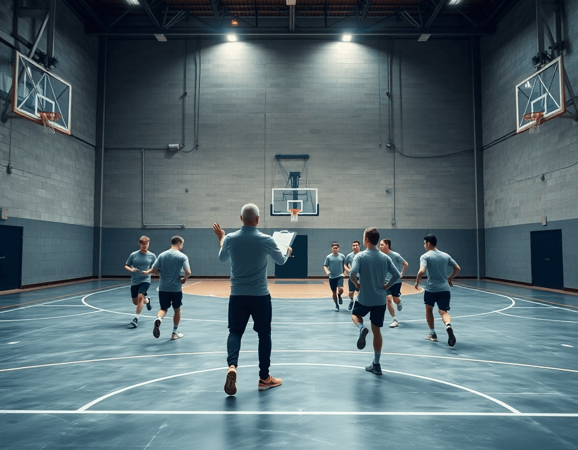 Vue d'ensemble d'un joueur basket en action, coach dirigeant l'équipe sur court intérieur.