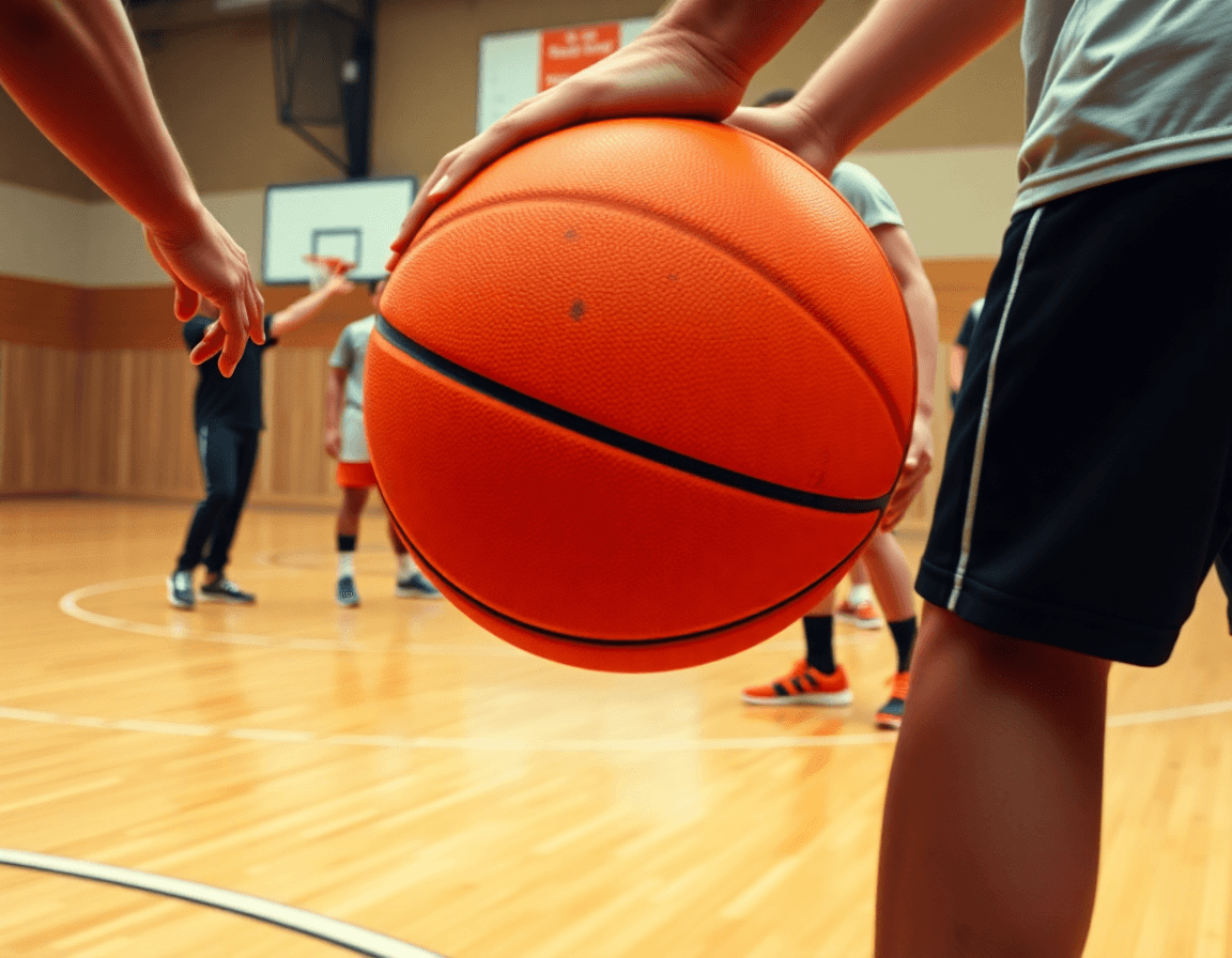 Plan serré sur les mains et le ballon orange; le logiciel basket guide les gestes.