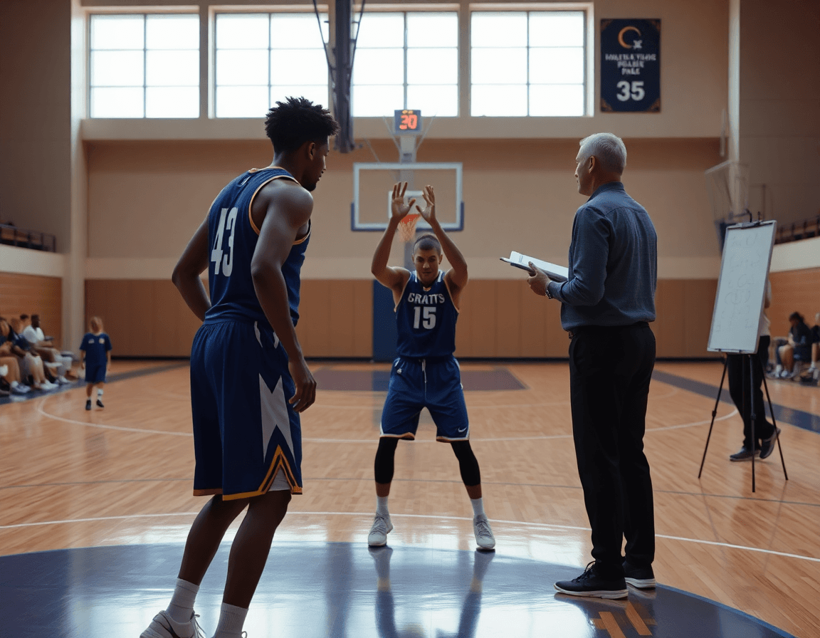 Deux joueurs posent un écran près du sommet; le coach montre le plan sur le logiciel basket.